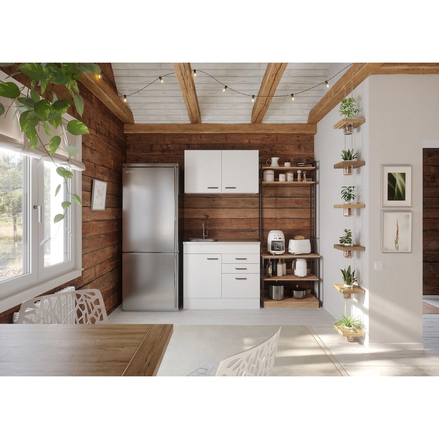 Weiße OPTIFIT Miniküche Bonn214 (100 cm) mit Spüle und Hängeschrank in rustikaler Umgebung.