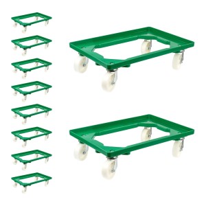 10er Set grüne Transportroller für Euroboxen 60x40 cm mit Kunststoffrädern, Traglast 300 kg.