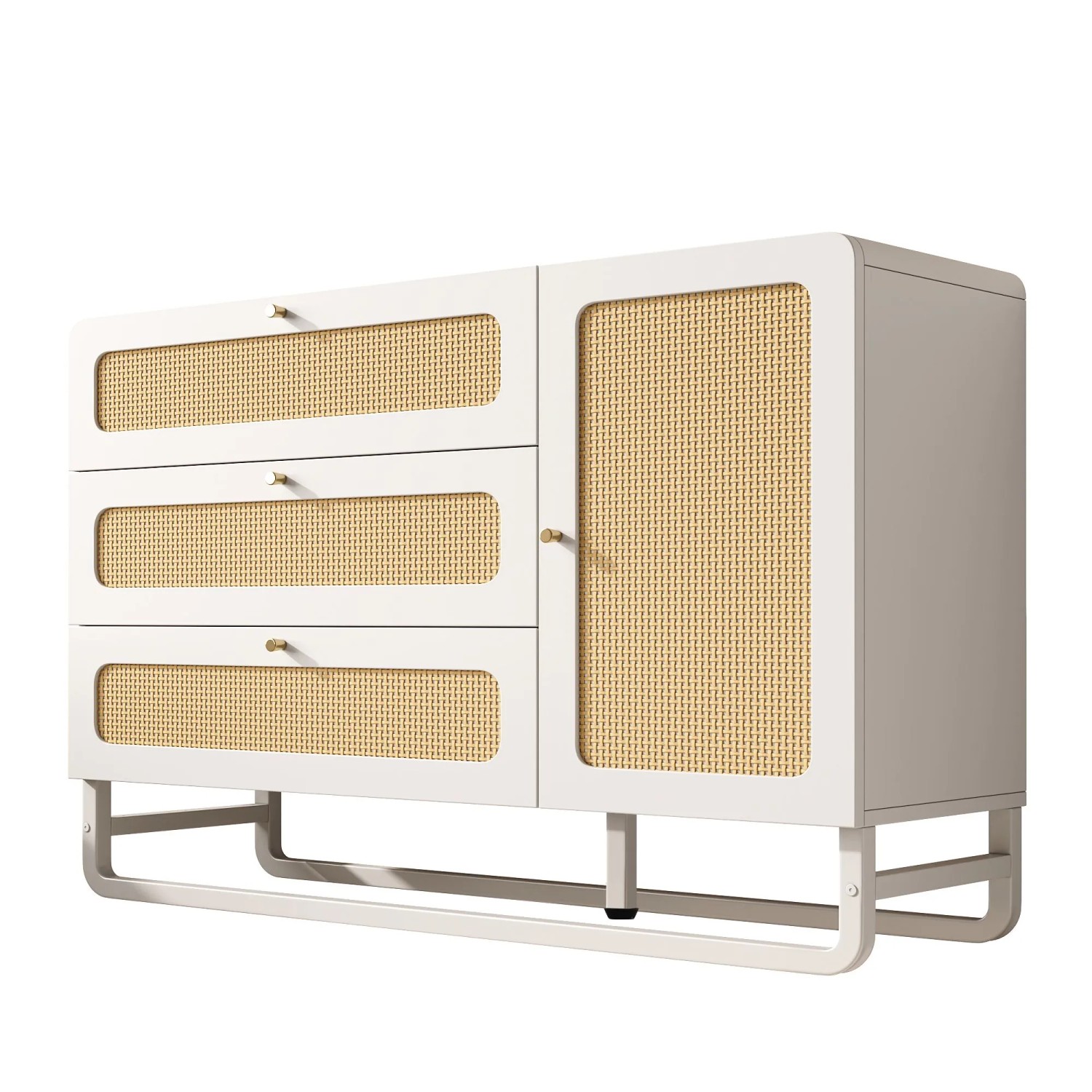 okwish Kommode mit Rattan GoldGriffen Schubladen Wohnraum 120x40x85cm Weiß
