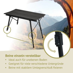 Schwarzer, höhenverstellbarer Jawinio Campingtisch aus Aluminium, ideal für Outdoor-Aktivitäten.