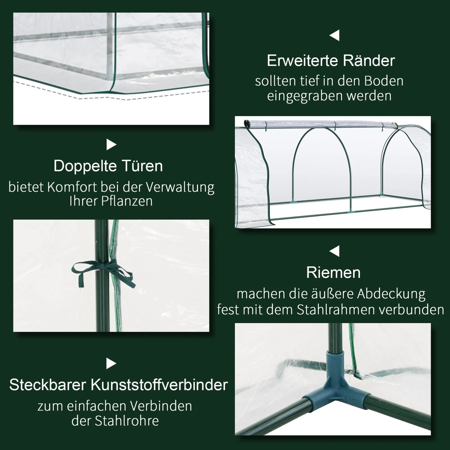 Details des grünen Furnicato Gewächshauses 250x100x80 cm mit Tür, inklusive Rahmen, Folie und Verbindungsstücke.