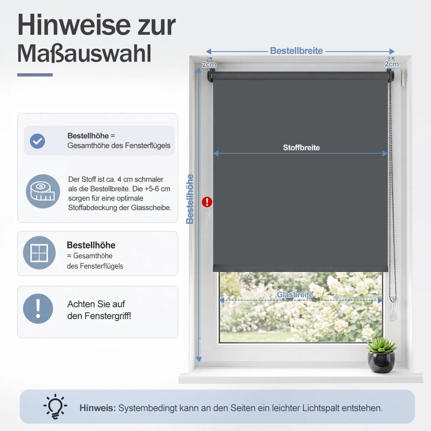 Graues SALCAR Verdunkelungsrollo am Fenster. Diagramm zur Maßauswahl mit Bestellbreite, Stoffbreite und Höhe. Klemmfix Sonnenschutz.