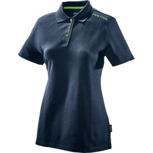 Dunkelblaues Festool Damen Poloshirt mit tailliertem Schnitt, grünen Akzenten und Logo. Ideal für Arbeitskleidung.