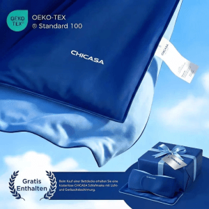 CHICASA Kühlende Duo-Wendedecke blau/hellblau, Oeko-Tex zertifiziert, mit gratis 3D-Tiefschlafmaske. Waschbare Sommerdecke.