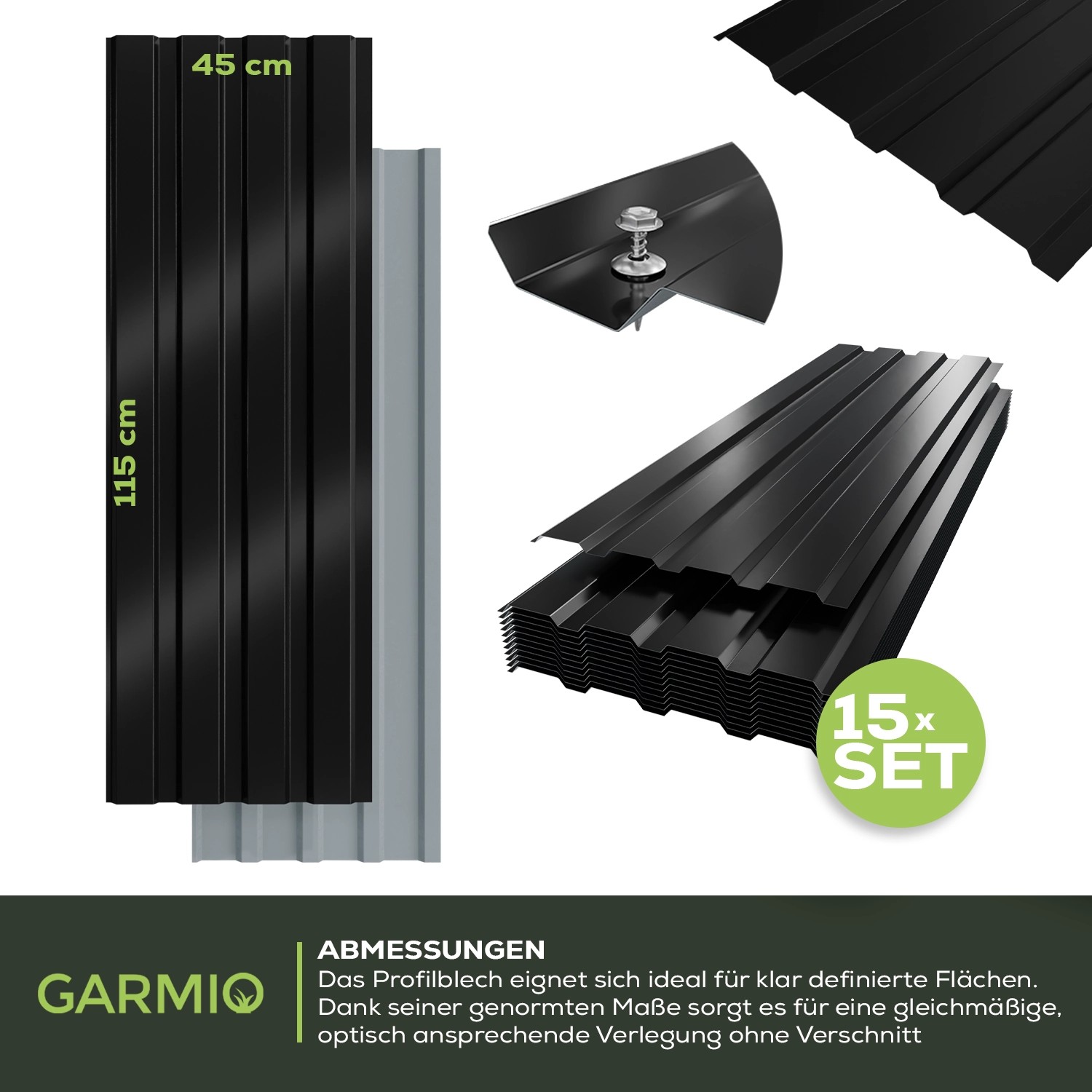 Garmio Profilblech Set, 15 verzinkte, schwarze Dachbleche (115x45 cm) aus Stahl.