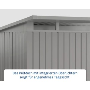 Detailansicht des EcoStar Gerätehauses Euroline mit Pultdach und Oberlicht in Graualuminium.
