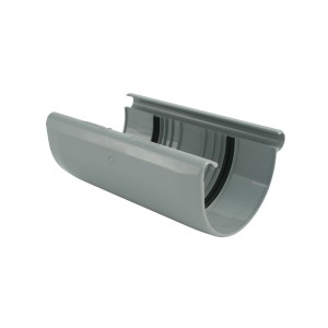 Graue Marley Dachrinnen-Verbindungsschale RG 100 aus Kunststoff für halbrunde Dachrinnen.