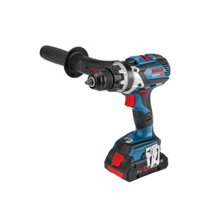 Blauer Bosch Professional 18V Akku-Bohrschrauber GSR 18V-110 C mit Akku, Seitenhandgriff und Bohrfutter.