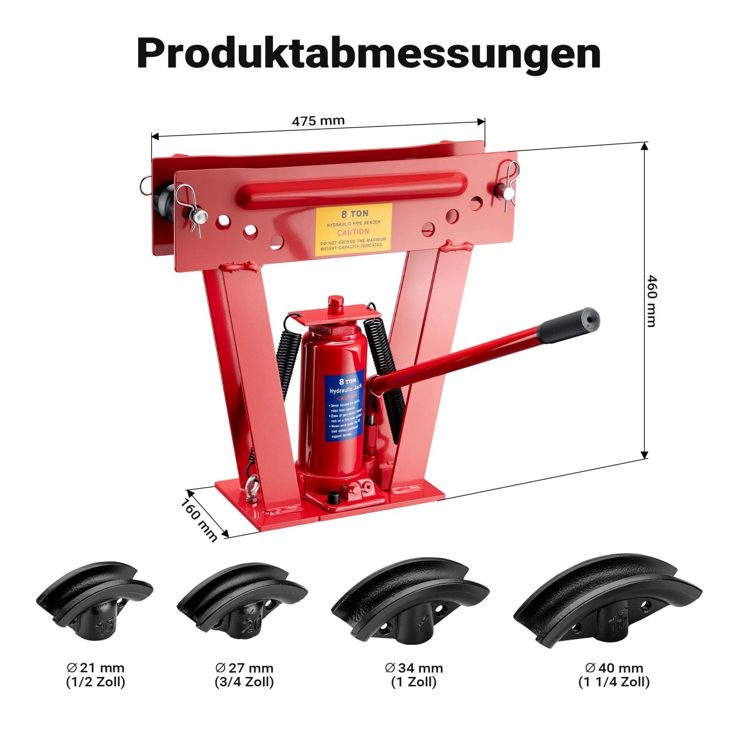 Rote hydraulische Rohrbiegemaschine 8T mit 4 Biegeformen, Maße 475x460x160 mm.