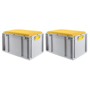 Sparset: 2 graue Euroboxen mit gelbem Sitzkissen, 65 Liter, als Sitz- und Transportbox.