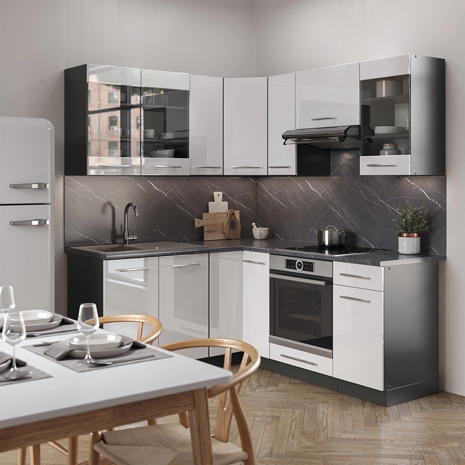 Vicco Fame-Line Küchenschränke in Weiß Hochglanz/Anthrazit, 160 cm breit, ohne Arbeitsplatte.