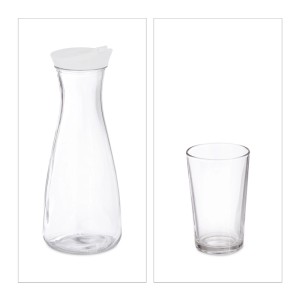 Relaxdays Wasserkaraffen Set Glas Kunststoff Transparent Tropffrei mit Deckel 26 cm x 10 cm 0,5 kg 10,5 cm x 7 cm 0,2 kg