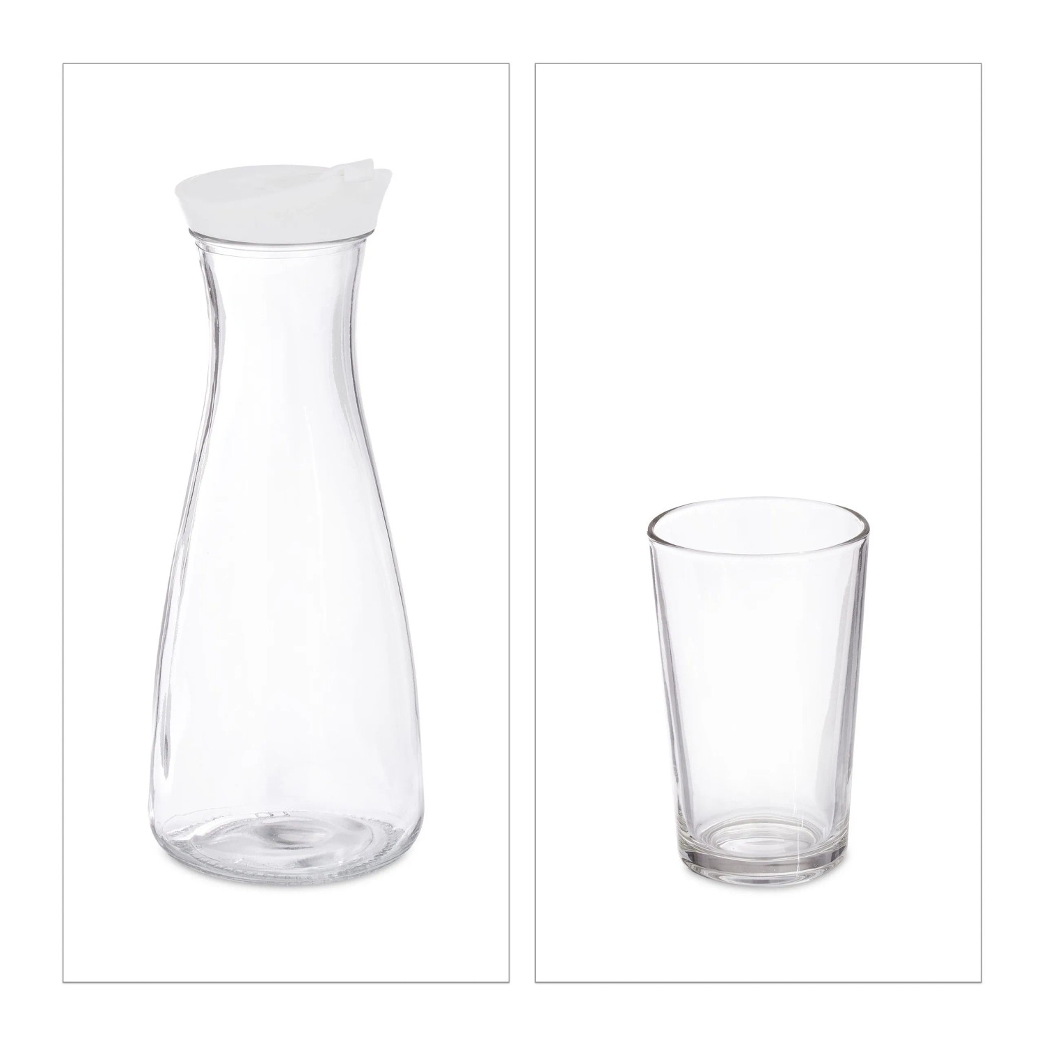 Relaxdays Wasserkaraffen Set Glas Kunststoff Transparent Tropffrei mit Deckel 26 cm x 10 cm 0,5 kg 10,5 cm x 7 cm 0,2 kg