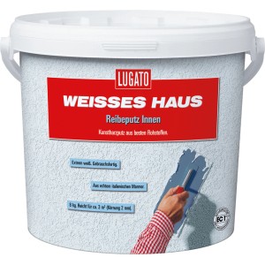 Eimer Reibeputz Weisses Haus Innen, 8 kg, 2 mm Körnung. Schneeweißer Kunstharzputz mit Marmor für Innenwände.