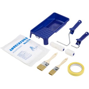 LUX Malerset, 9-teilig: Abdeckplane, Farbwanne, Pinsel, Walzen und Kreppband für Malerarbeiten.