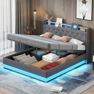 okwish Polsterbett 160x200cm mit LED USB Hydraulischem Stauraum Grau ohne Matratze