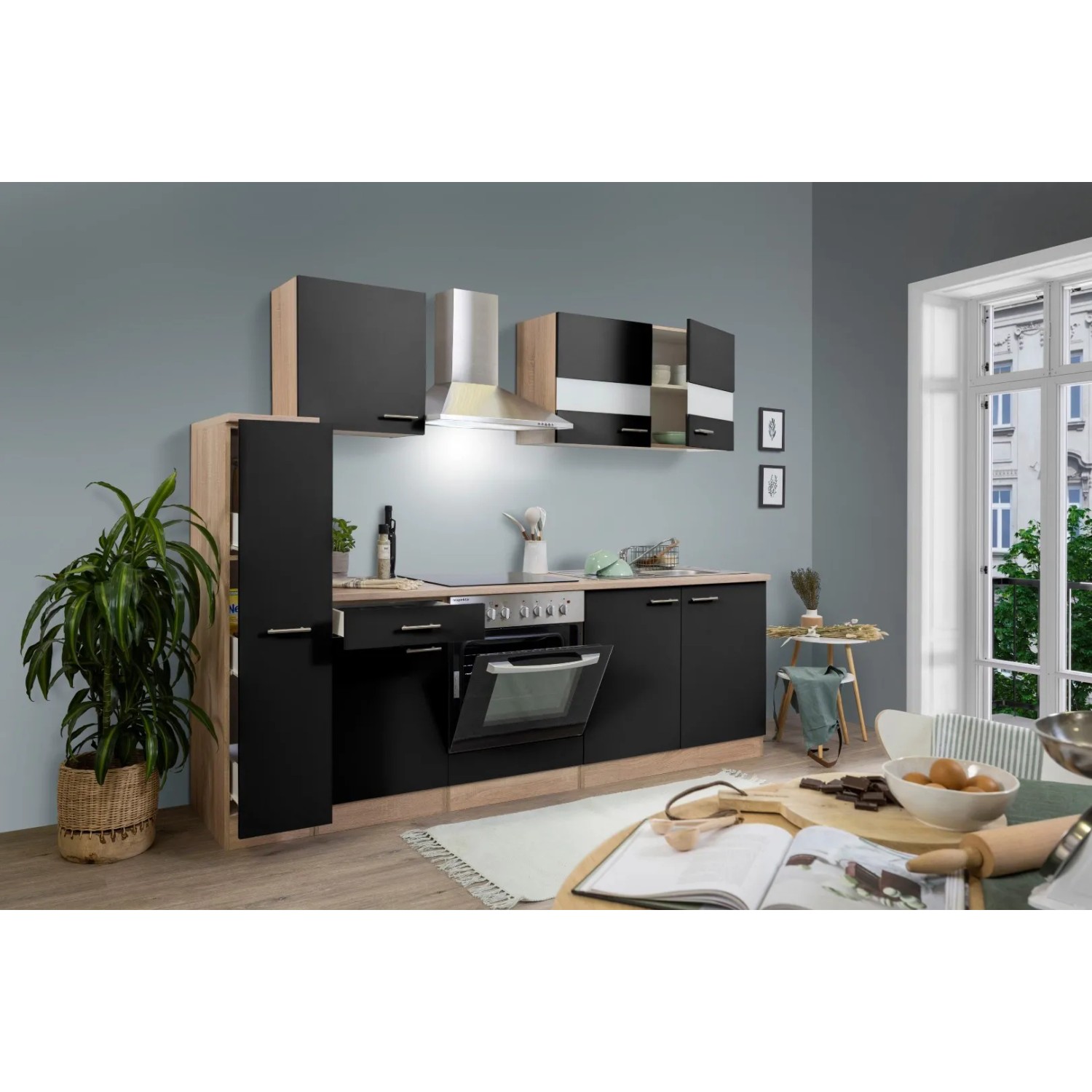 Respekta Küchenzeile KB240ESSC, 240 cm, Schwarz-Eiche, mit Elektrogeräten und viel Stauraum.