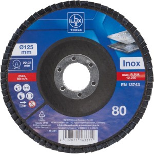 LUX Fächerschleifscheibe Metall, Ø 125mm, K80. Zubehör für Winkelschleifer.
