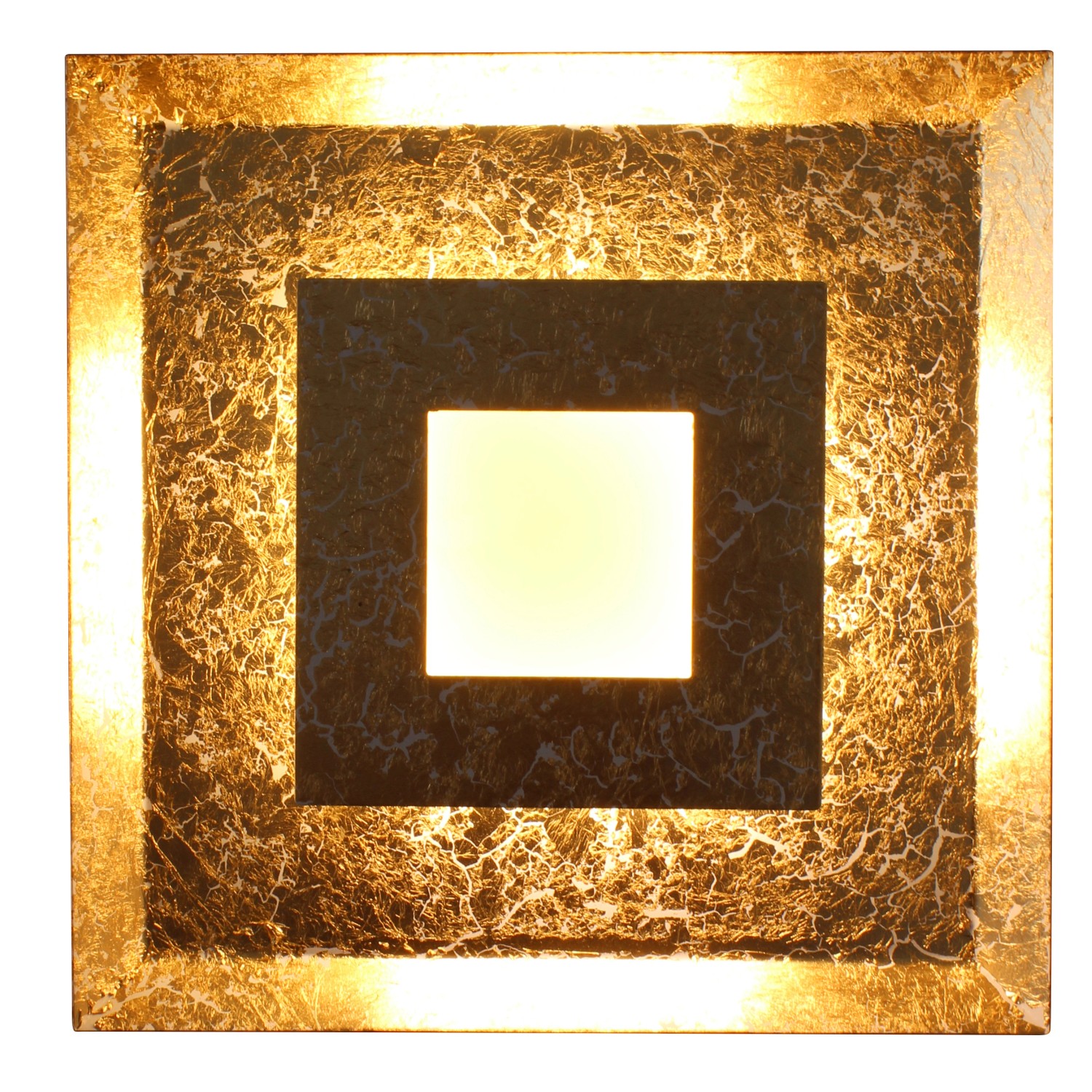 Quadratische LED-Wandleuchte Window in Gold, 32x32 cm, dimmbar für stimmungsvolles Licht.