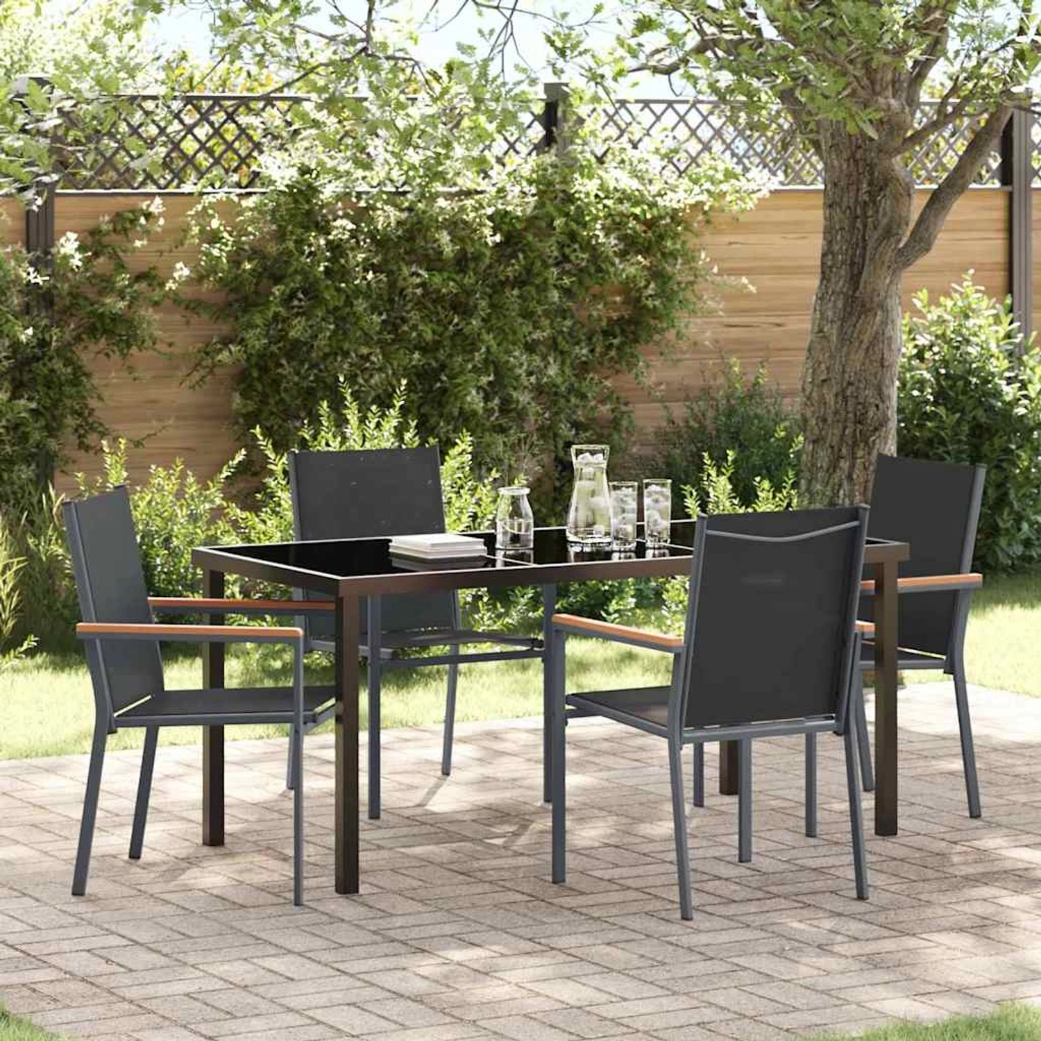 vidaXL 5-teiliges Garten-Esszimmer-Set aus Textilene und Stahl in Schwarz.