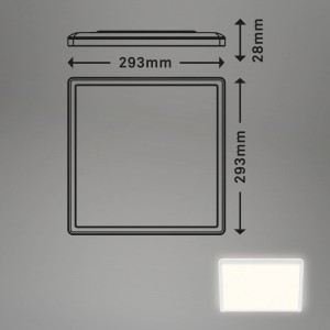 Abmessungen der Brilo LED-Deckenleuchte Slim, 18W, eckig, weiß, mit 293x293x28mm.