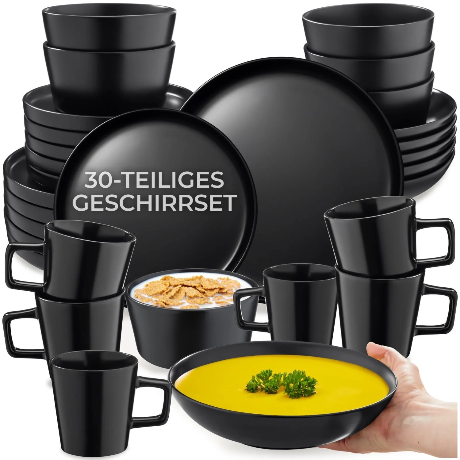 Tectake Kombiservice Una Für 6 Personen Im Urban Style  26 x 26 x 2 30 cm Schwarz