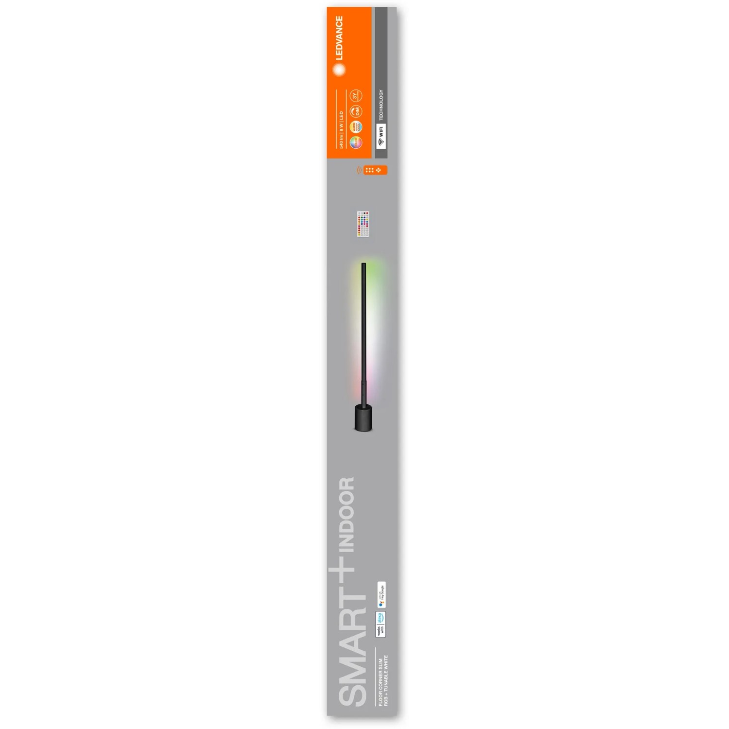 Verpackung der Ledvance Smart+ WiFi Stehleuchte Slim, 80cm, Schwarz. Smarte Eckleuchte für indirekte Beleuchtung.