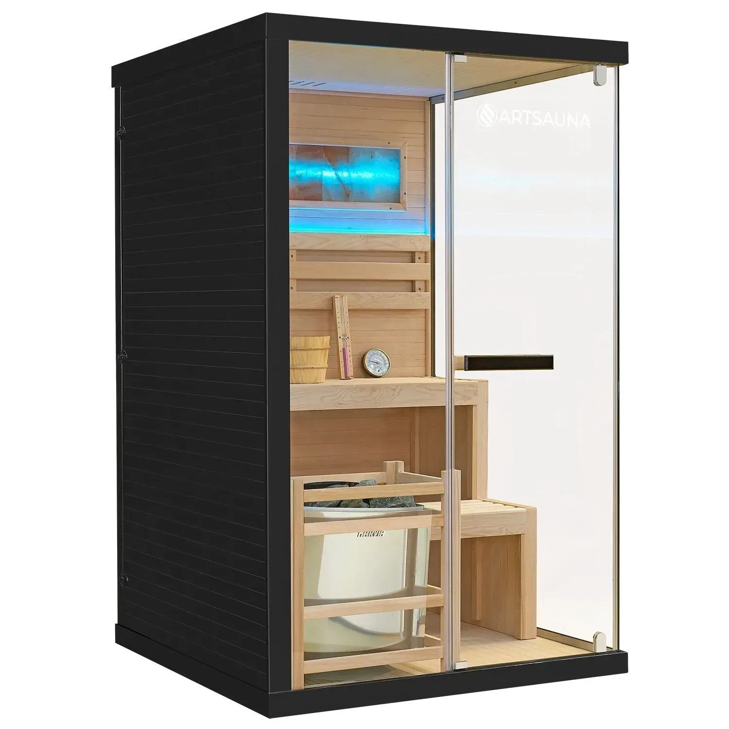 Artsauna Vantaa Sauna 120x120cm mit 3,5 kW Ofen, Glasfront, Ambientebeleuchtung und Zubehör.