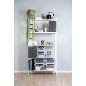 SmartStore Aufbewahrungsbox Classic 3 l auf Regal, transparent, mit Deckel und Inhalt.