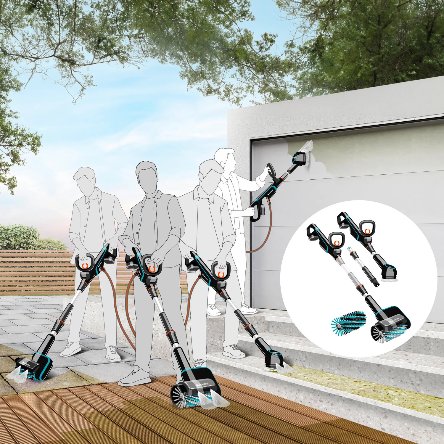 Gardena Akku-Multi-Reiniger AquaBrush Patio mit Akku für Holz, Stein & Gartenmöbel.