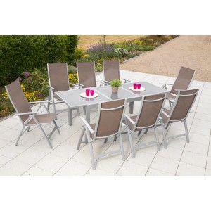 Merxx Gartenmöbel-Set Carrara, 9-teilig, taupe. Ausziehbarer Tisch mit 8 Klappsesseln für Garten oder Terrasse.