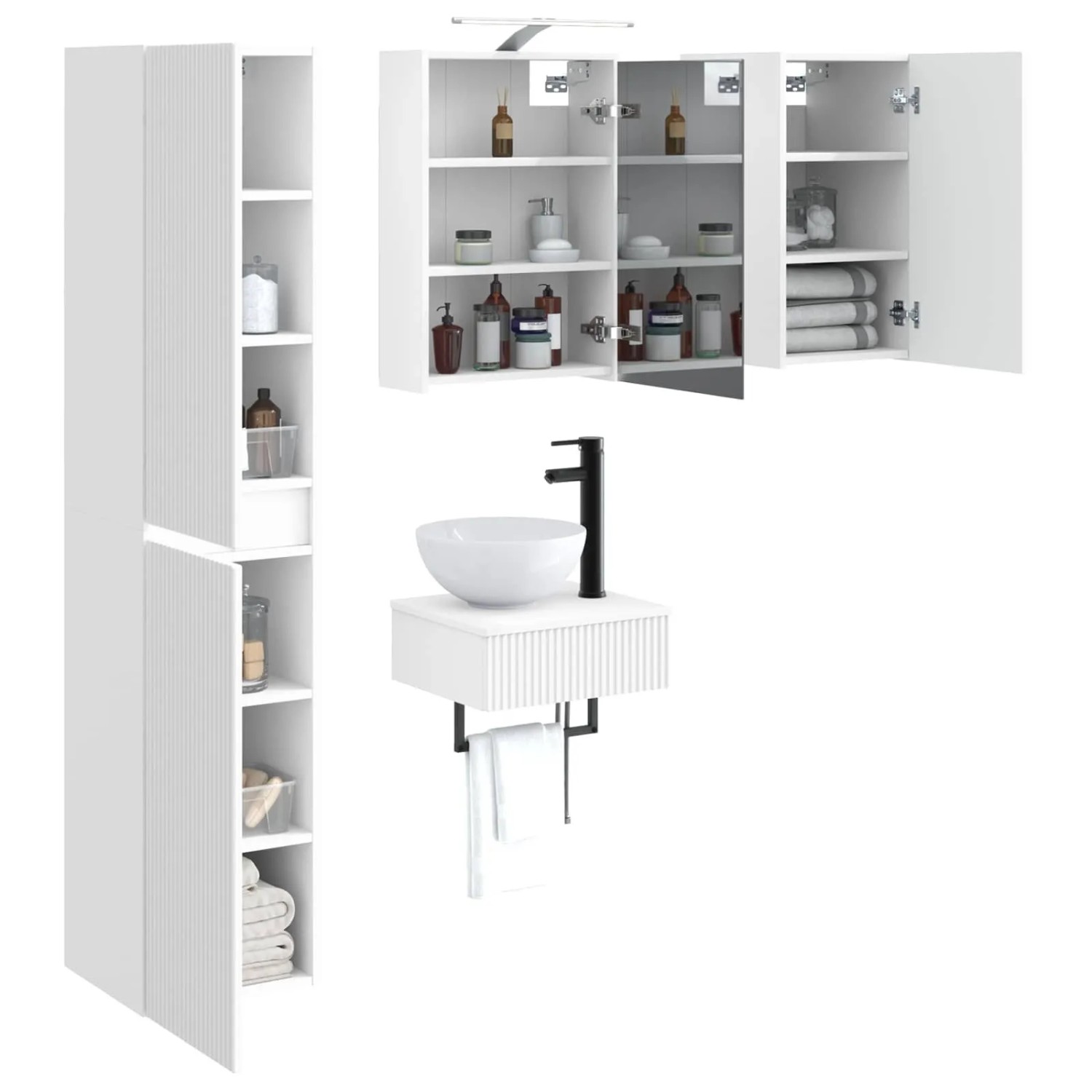 Weißes 5-tlg. vidaXL Badmöbel-Set: Hochschrank, 2 LED-Spiegelschränke, Waschtisch mit Becken & schwarzer Armatur. Wandmontiert.