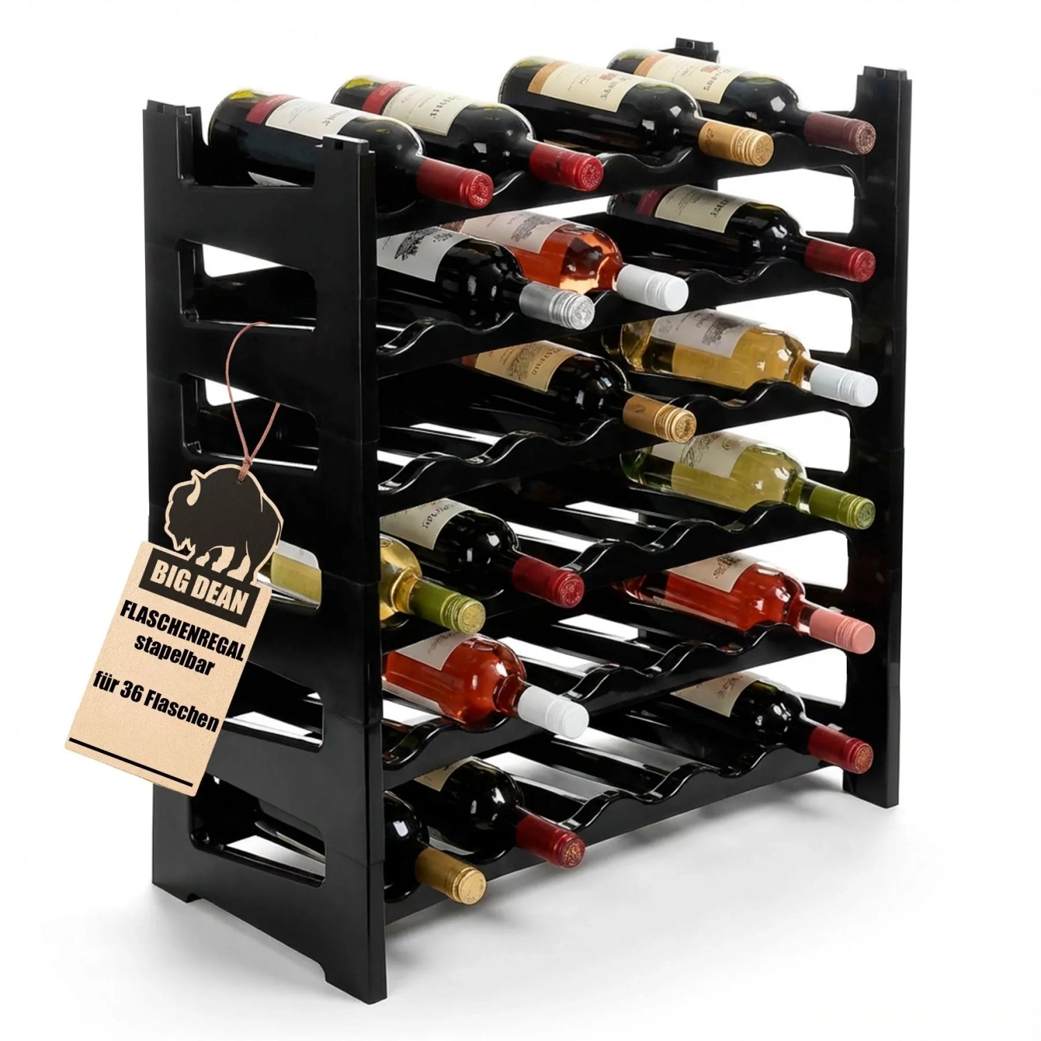 BigDean Flaschenregal Stapelbar Für 36 Flaschen Weinregal Aus Kunststoff Schwarz Getränkeregal Flaschen Regalsystem Für Glas & PET Bis 1,5 Liter