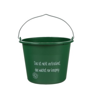 Grüner 12L Haus- und Garteneimer mit Spruch und Metallbügel.