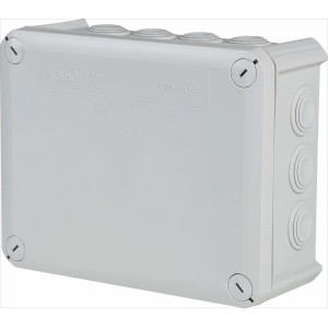 Grauer OBO Abzweigkasten Aufputz, 190x150mm, IP66, mit Anschlussmöglichkeiten.