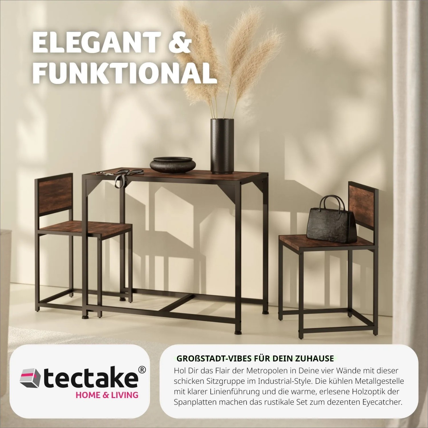 Tectake Sitzgruppe Milton, 3-teilig, Esstisch mit 2 Stühlen im Industrial Design.