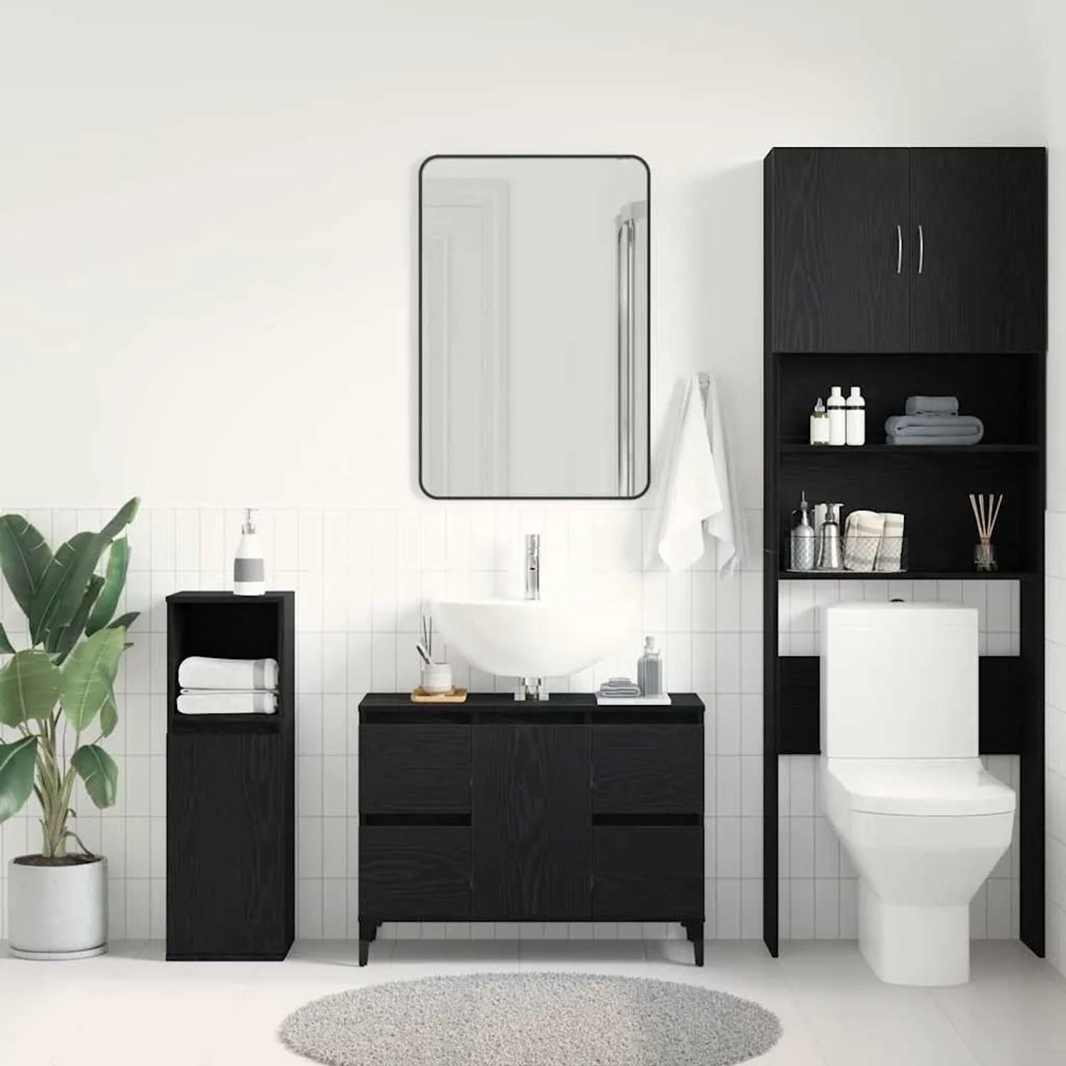 vidaXL Waschbeckenschrank in Schwarz Eichen-Optik mit Tür und Schublade im Badezimmer.
