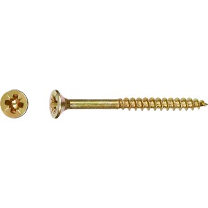 Gelb verzinkte Spanplattenschraube 3,5x40 mm mit Senkkopf und PZ-Antrieb, seitliche und Kopfansicht.