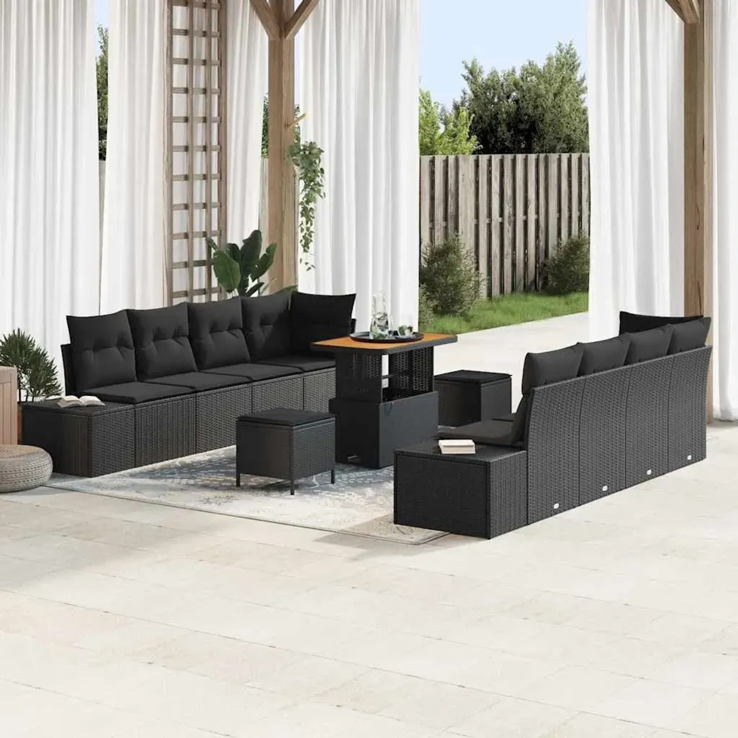 vidaXL Garten-Sofa-Set, 11-teilig, schwarz, Poly Rattan. Gartenmöbel mit Tisch, Hockern und bequemen Kissen.