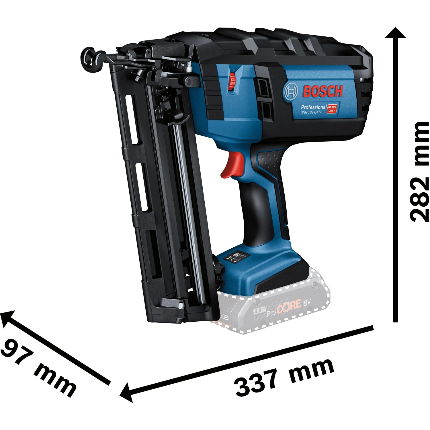 Bosch Professional Akku-Holznagler GNH 18 V-64, blauer Tacker mit Akku und Magazin.