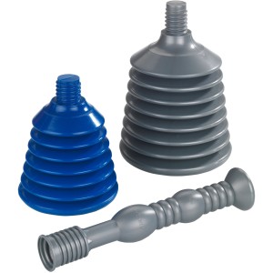 Wenko Rohrfrei-Profi 3-teilig: Pömpel-Set mit zwei Saugaufsätzen (blau, grau) und Griff zur Abflussreinigung.