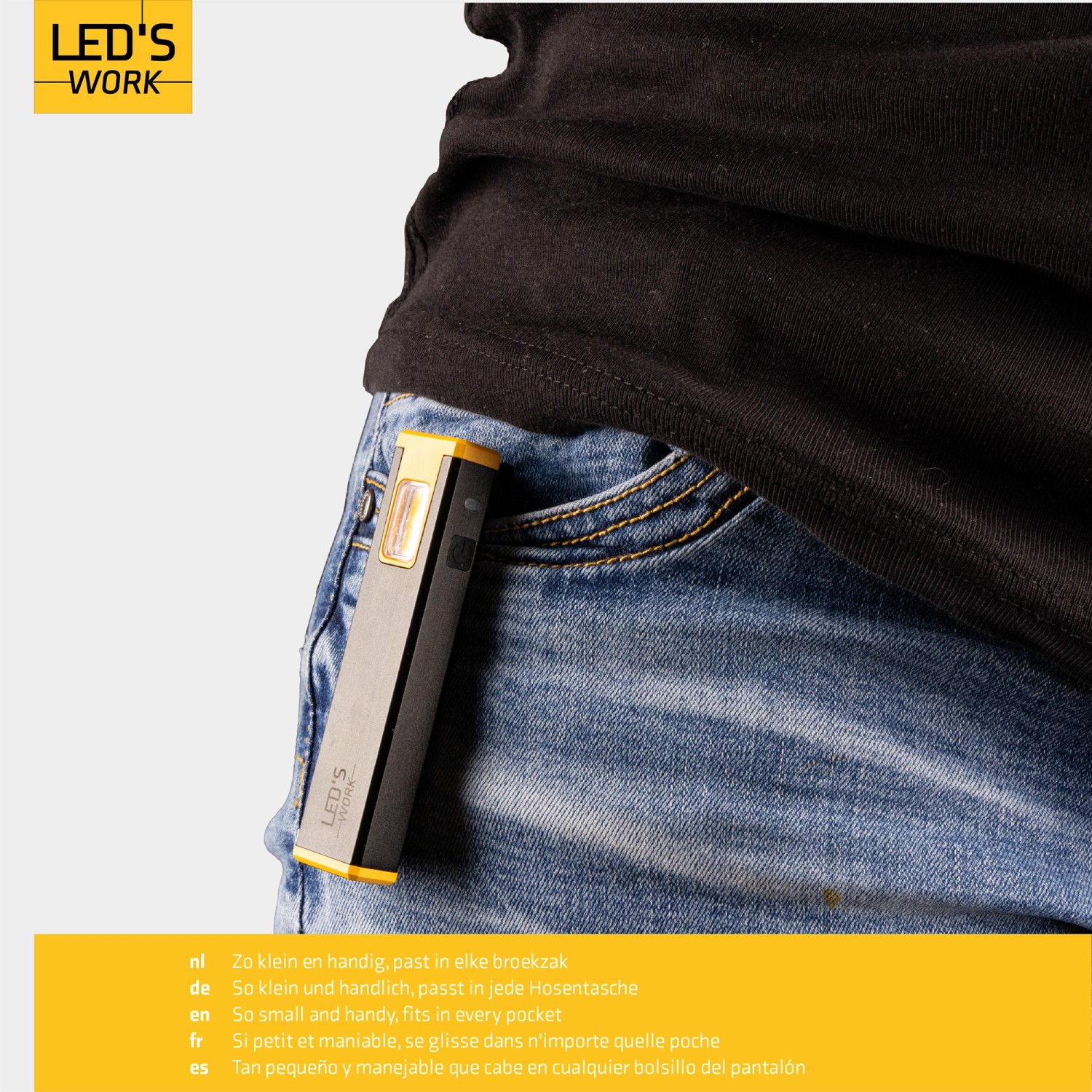 Kompakte LED's Work Akku-Taschenlampe (300lm) in Hosentasche, ideal für Heimwerker.