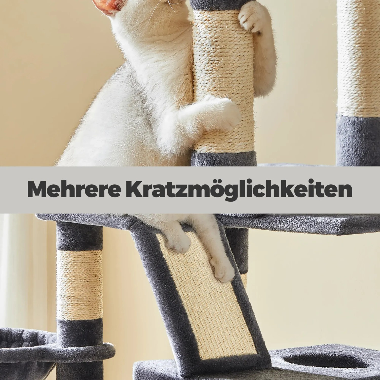 Katze am Feandrea Kratzbaum, 206 cm, rauchgrau, mit Kratzsäulen und Kratzrampe.