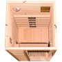 Innenansicht der Dewello Infrarotkabine Hamlin aus Hemlock-Holz mit Sitzbank und Strahlern.