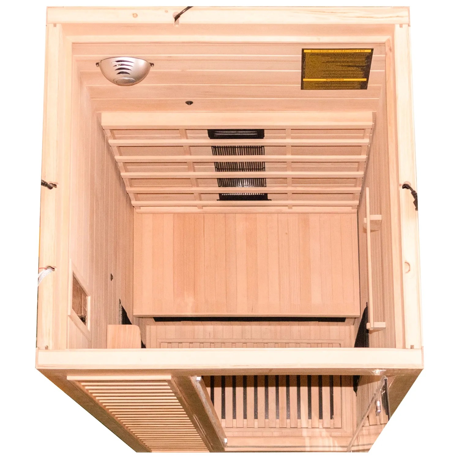 Innenansicht der Dewello Infrarotkabine Hamlin aus Hemlock-Holz mit Sitzbank und Strahlern.