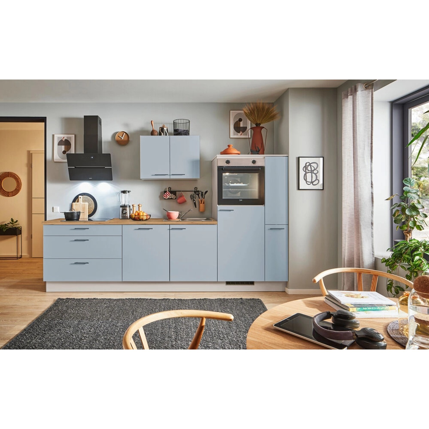 pino Küchenzeile 280cm Pastellblau Anschlag rechts 1 Geräte-, 1 Apothekersc günstig online kaufen