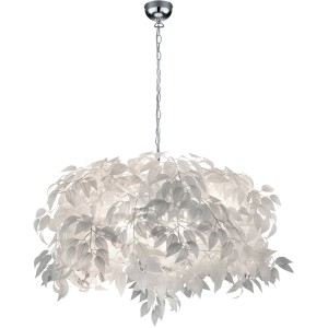 Moderne Pendelleuchte Leavy in Chrom mit Blätter-Design, 70x70x150cm. Dekoratives Lichtobjekt für Wohnräume.