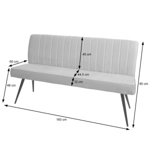 Hellgraue Samt Sitzbank K16 mit hoher Rückenlehne, Ziernähten und schwarzen Metallbeinen, 160cm lang.