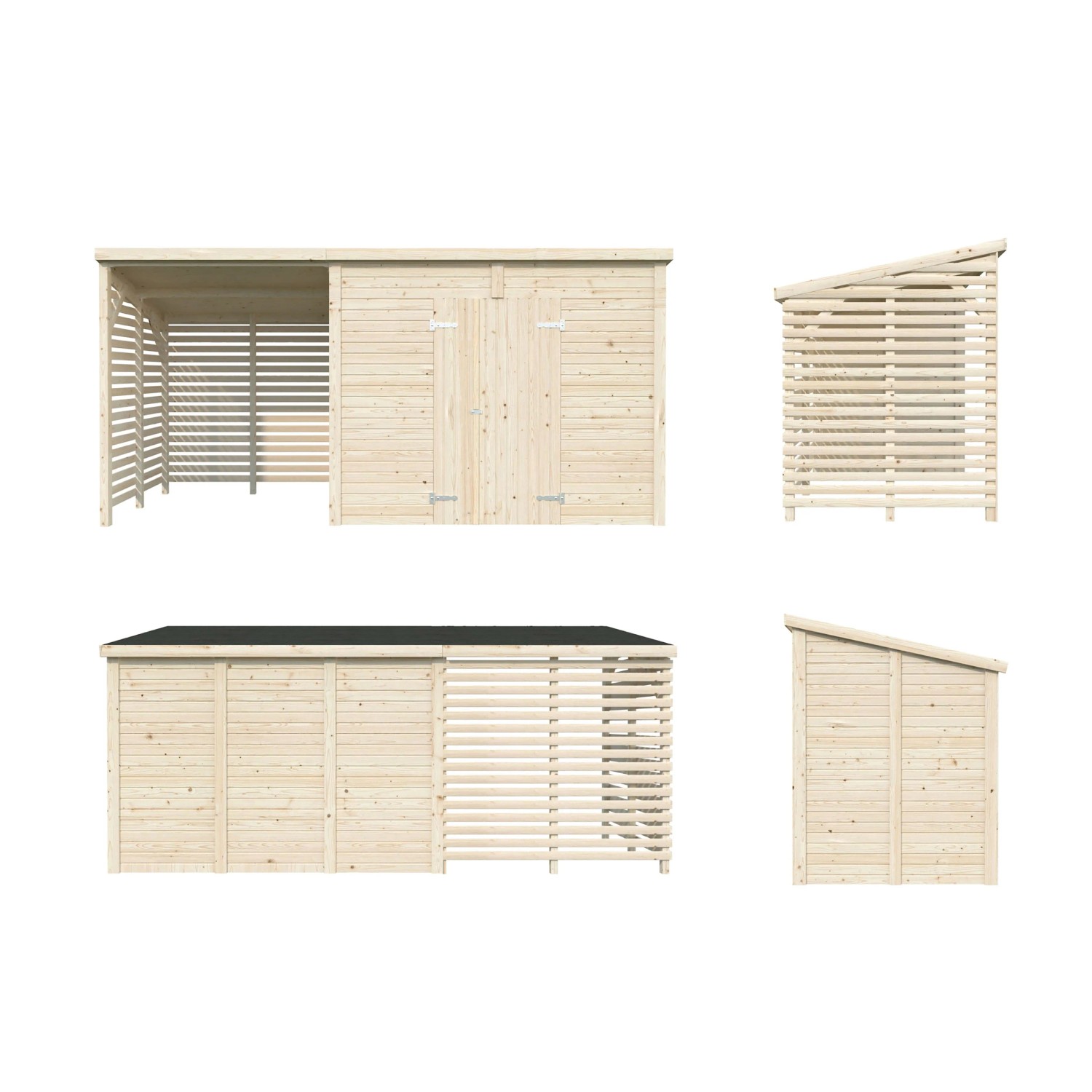 Palmako Gerätehaus Leif, 460x170 cm, dunkelgrau lackiert, mit Doppeltür und offenem Lagerbereich.