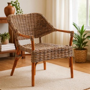 Kobolo Rattanstuhl Stuhl TARA aus Rattan Geflochten Natur mit Armlehnen